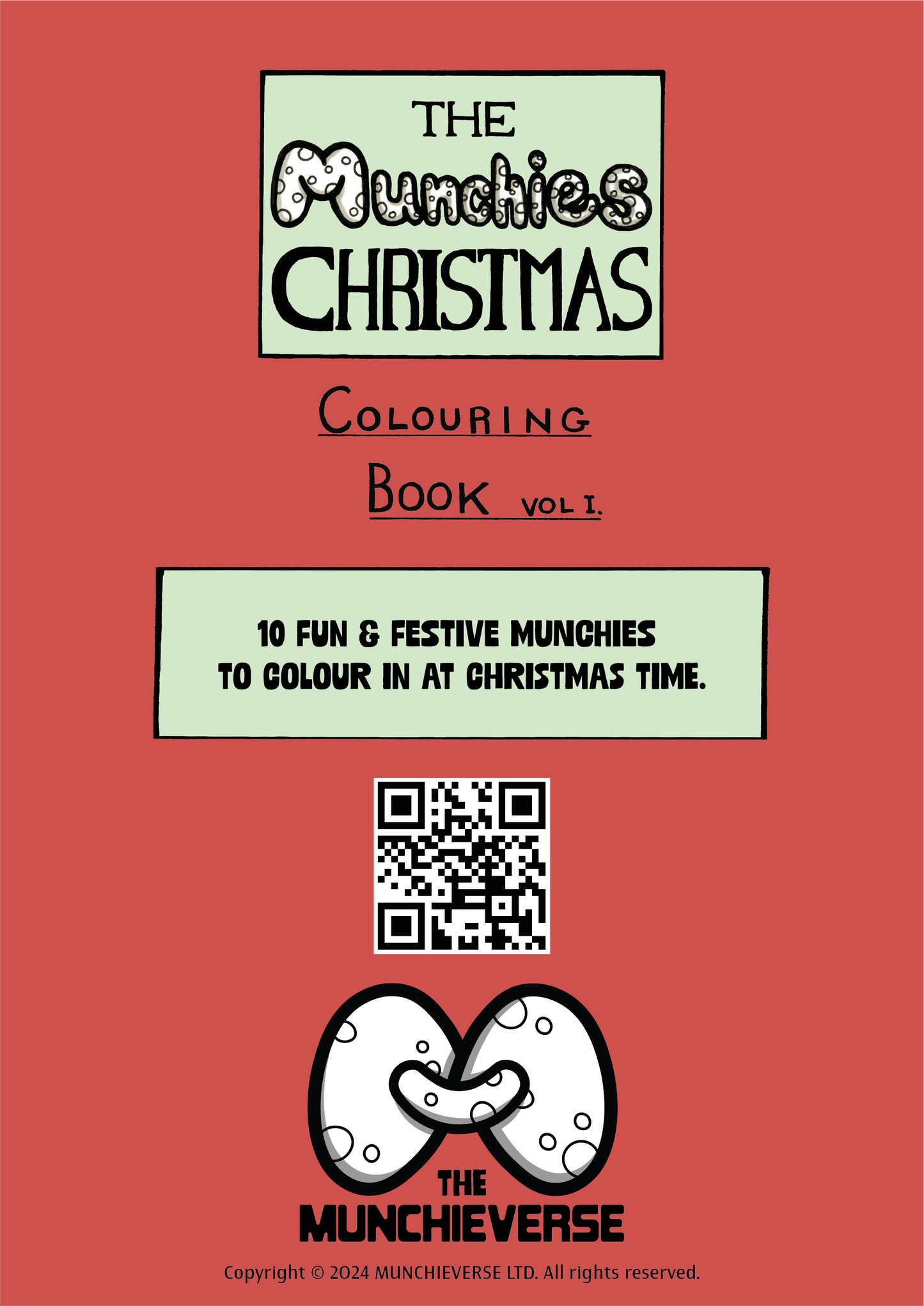 back cover for the munchies christmas colouring book. red background with the title, a short, descriptive paragraph about the book. QR code for munchieverse.net. The Munchieverse logo and copyright information